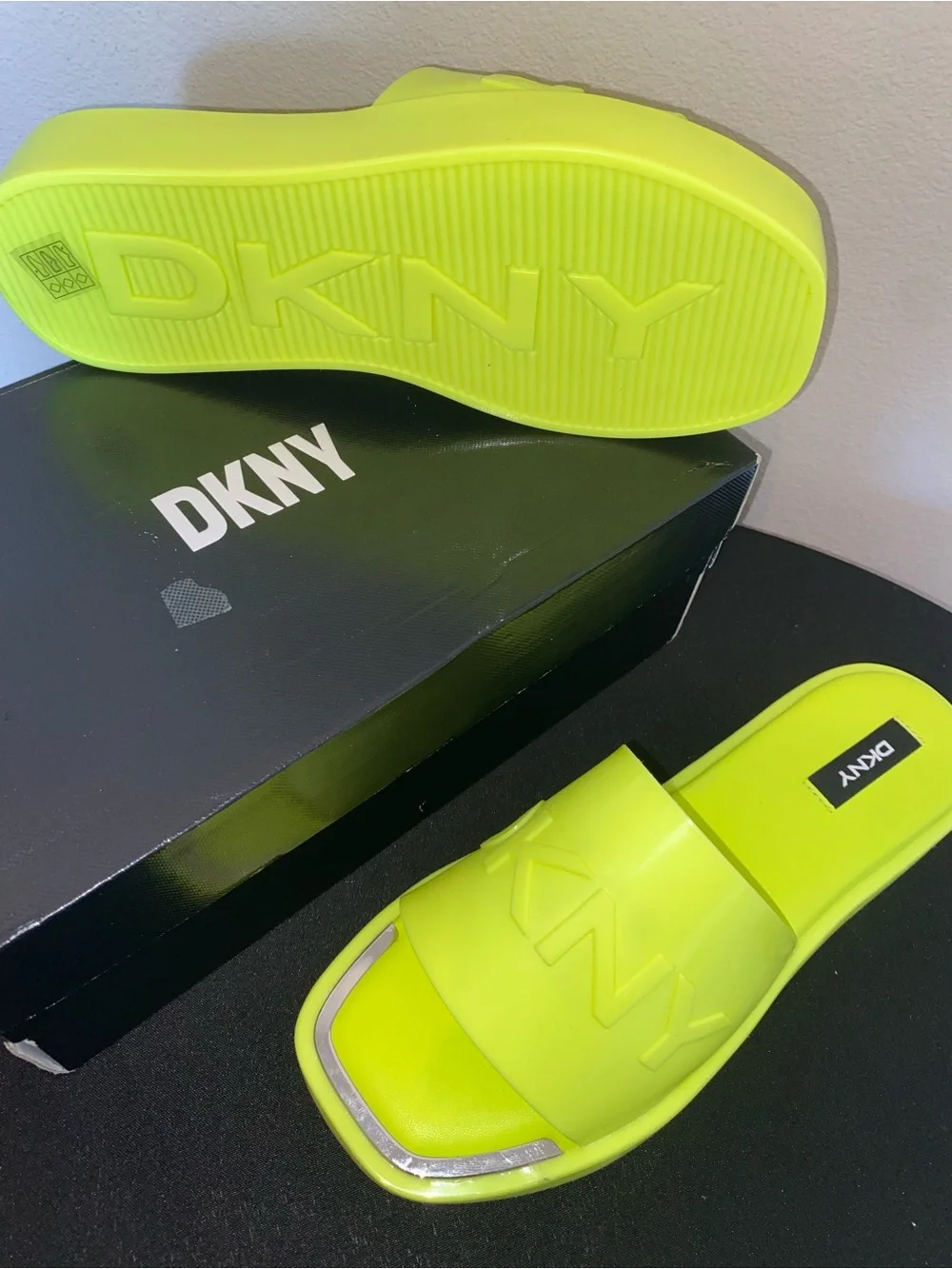 DKNY Neon Platform Slide Sandals